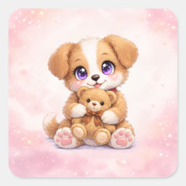 Süßer Welpe umarmt Teddybär Quadrat-Aufkleber Quadratischer Aufkleber