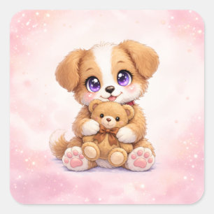 Süßer Welpe umarmt Teddybär Quadrat-Aufkleber Quadratischer Aufkleber