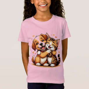 Süßer Welpe und Kätzchen umarmen sich mit warmen L T-Shirt