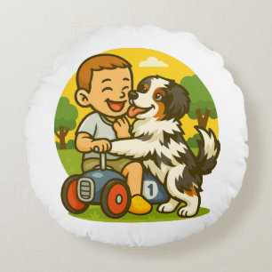 Süßer Welpe und Kind Spielzeit Rundes Kissen