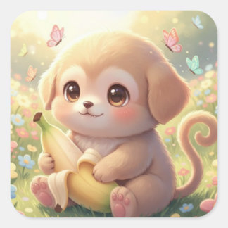 Süßer Welpen-Affen-Hybrid – Sunny Meadow Fantasy Quadratischer Aufkleber