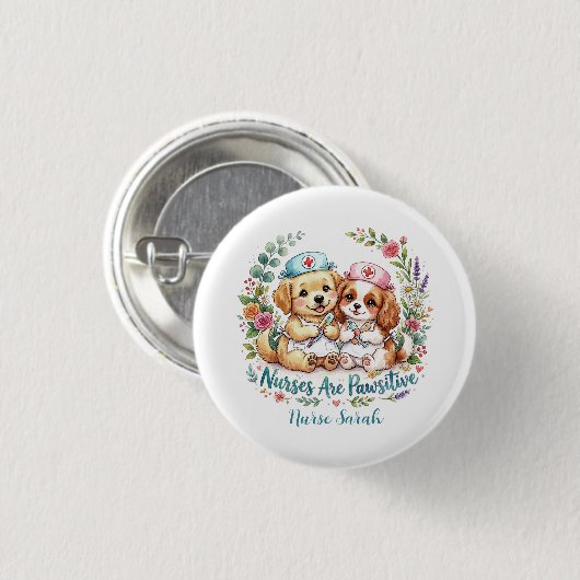 Süßer Welpen-Krankenschwester-Pawsitive-Aquarell p Button (Vorne & Hinten)