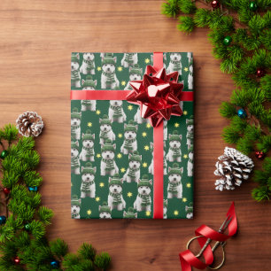 Süßer Westie-Hund in grünem Wintermützen-Muster Geschenkpapier