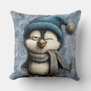 Süßer Winter-Blau-Pinguin mit Hut und Schal Kissen