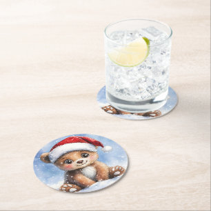 Süßer Winter Weihnachten Santa Bär Cub Aquarell Runder Pappuntersetzer