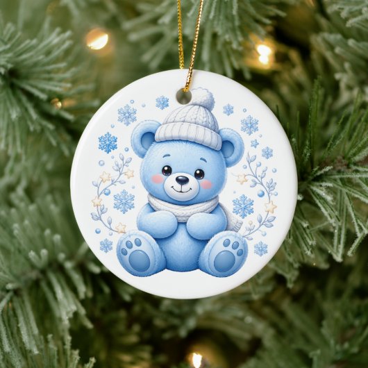 Süßer Winterblauer Teddybär Keramik Ornament (Baum)