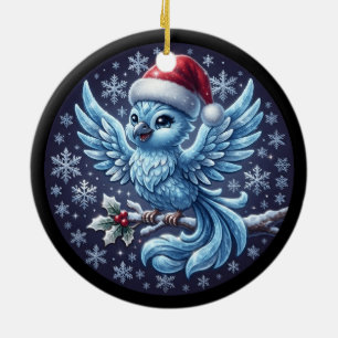 Süßer Winterblauer Vogel Weihnachtsmann-Hut-Anhäng Keramik Ornament
