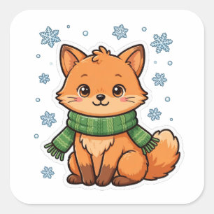 Süßer Winterfuchs Schnee Weihnachtsaufkleber Quadratischer Aufkleber