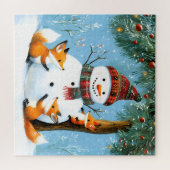 Süßer Winterwald-Schneemann-Füchse Puzzle (Horizontal)