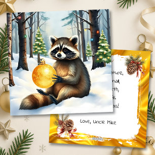 Süßer Winterwaschbär mit goldenem Weihnachtsschmuc Feiertagskarte