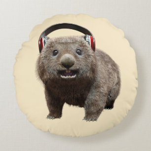 Süßer Wombat mit Kopfhörern Musikliebhaber Kunst Rundes Kissen