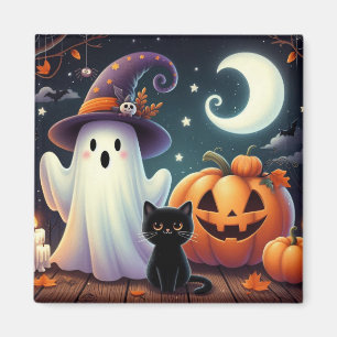 Süßer, wunderlicher Halloween-Kürbis, Katze und Ge Magnet