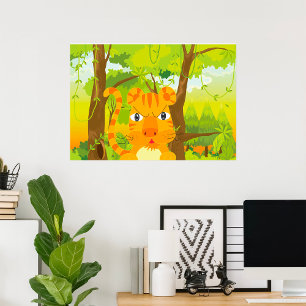 Süßer wütender Tiger-Cartoon im Dschungel Poster
