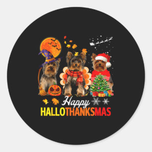 Süßer Yorkie Frohes Hallothanksmas Halloween Ernte Runder Aufkleber