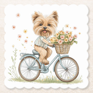 Süßer Yorkie-Hund beim Radfahren mit Frühlingsblum Untersetzer