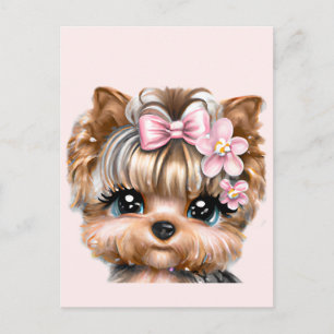 Süßer Yorkie mit rosa Schleife  Postkarte