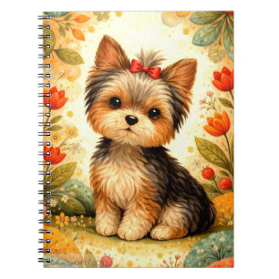 Süßer Yorkshire-Terrier-Welpe mit roter Schleife Notizblock