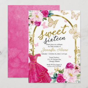 Süßes 16 Blumekleid Schmetterling Hot Pink Gold Einladung
