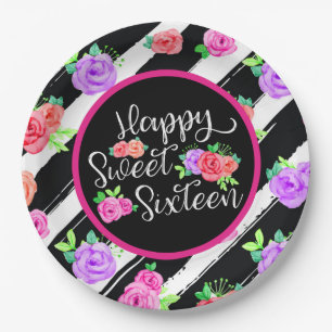 Süßes 16-Mädchen-Edgy-Rosen- und moderne Streifen- Pappteller