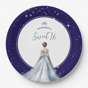 Süßes 16 Silber Ballkleid Navy Blau Geburtstag Pappteller