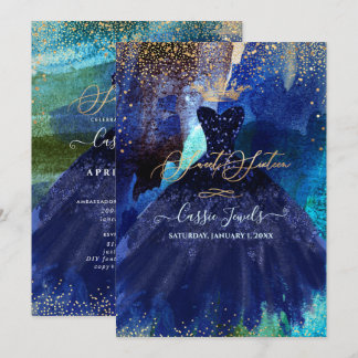 Süßes 16 Teal-Navy-Blau-Wasserfarbkleid Einladung