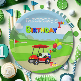 Süßes 1. Geburtstags-Rot-Golfcart-Jungen Pappteller