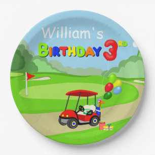 Süßes 3. Geburtstags-Rotes Golfcart-Kinder-Design Pappteller