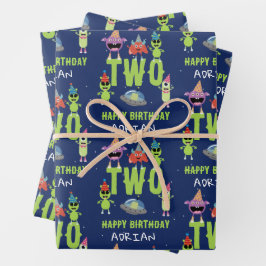 Süßes Alien-Monster-Weltraum-Kinder-Geburtstagsnam Geschenkpapier Set