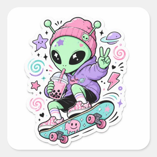 Süßes Alien-Skater-Design Quadratischer Aufkleber (Vorderseite)