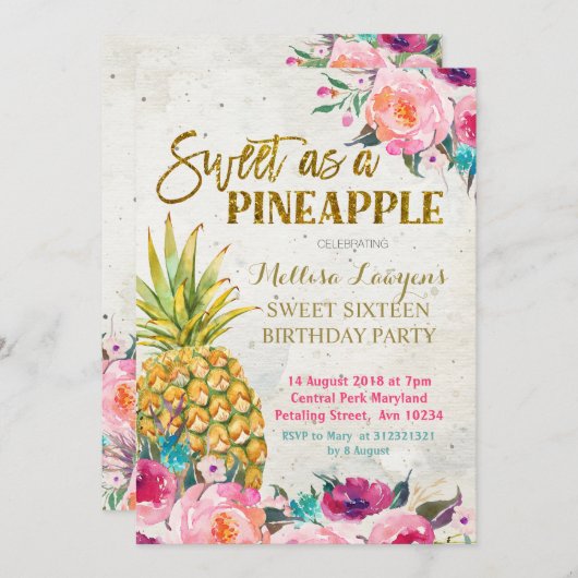 Süßes als Ananas zum Geburtstag Einladung (Vorne/Hinten)