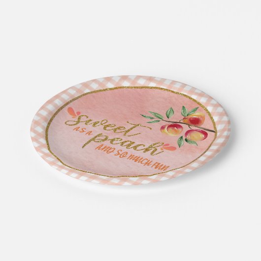 Süßes als Pfirsichplatte - Gingham (P) Pappteller (Schrägansicht)