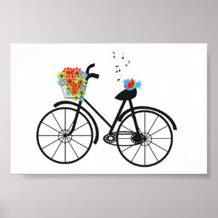 Süßes altmodisches Fahrrad Blumen und Vogel Poster