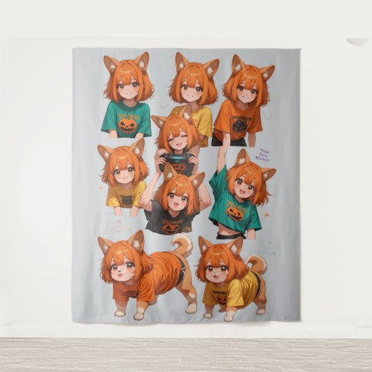 Süßes Anime-Fuchs-Mädchen-Aufkleberblatt – Hallowe Wandteppich (Vorderseite)