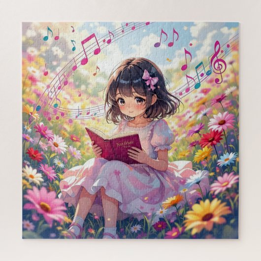 Süßes Anime-Mädchen beim Lesen eines Buches Puzzle (Vertikal)