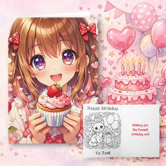 Süßes Anime-Mädchen Geburtstag und Malvorlage Karte