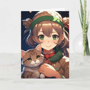 Süßes Anime-Mädchen hält ein Kätzchen zu Weihnacht Karte