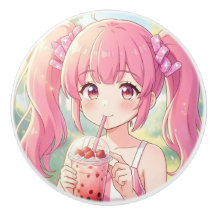 Süßes Anime-Mädchen in Rosa trinkt Bubble Tea