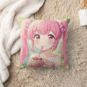 Süßes Anime-Mädchen in Rosa trinkt Bubble Tea Kissen