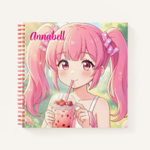 Süßes Anime-Mädchen in Rosa trinkt Bubble Tea Notizblock