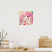 Süßes Anime-Mädchen in Rosa trinkt Bubble Tea Poster (Küche)