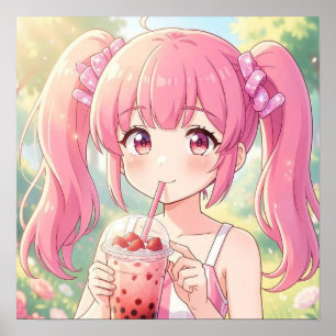 Süßes Anime-Mädchen in Rosa trinkt Bubble Tea Poster