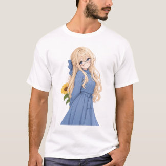 Süßes Anime-Mädchen mit Brille und Sonnenblumendes T-Shirt