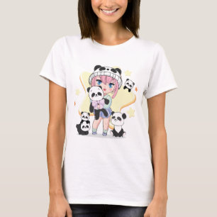 Süßes Anime-Mädchen umgeben von Panda-Spielzeugen T-Shirt