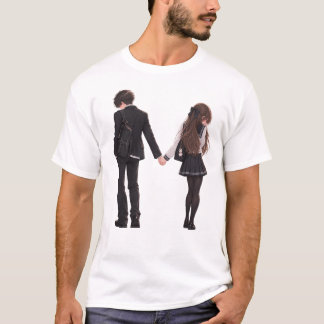 Süßes Anime-Oberschulpaar Händchen haltend T-Shirt