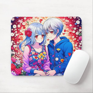 Süßes Anime-Paar, Blumen und Herzen  Mousepad