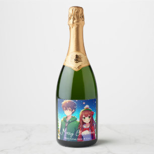 Süßes Anime-Paar Frohe Weihnachten Schaumweinetikett