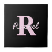 Süßes anpassbares Monogramm | Hellrosa & Schwarz Fliese (Vorderseite)