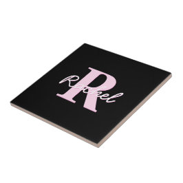 Süßes anpassbares Monogramm | Hellrosa & Schwarz Fliese