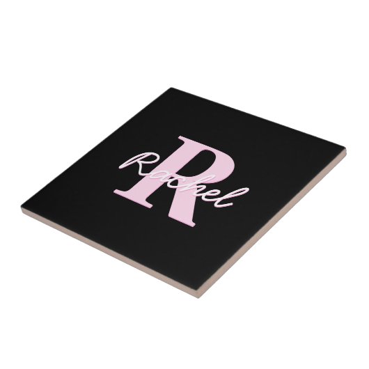 Süßes anpassbares Monogramm | Hellrosa & Schwarz Fliese (Seite)