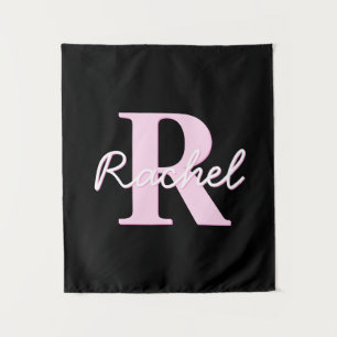 Süßes anpassbares Monogramm Hellrosa und Schwarz Wandteppich
